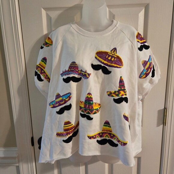 Queen of Sparkles Mustache & Sombrero Sequin White Top Size 2XL - Picture 3 of 14